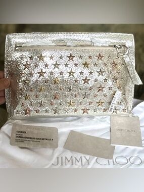 Jimmy Choo Coralie Star Clutch Metallic Leather Silver NWT Authentic Rare✨